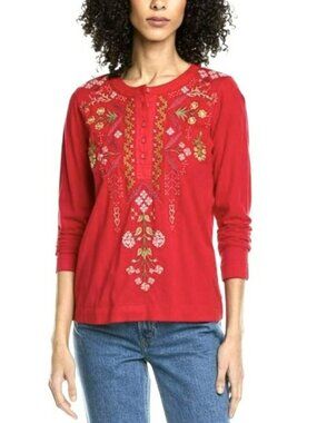 Johnny Was Malaya Embroidered Red Cotton Shirt Small New